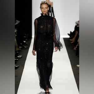 ♧$8,000 OSCAR DE LA RENTA BLACK  SILK LACE BEAD ESTAB RUNWAY DRESS GOWN 16 XL